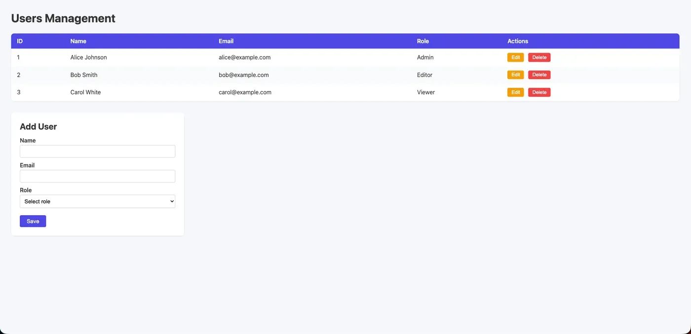 Claude Code generated CRUD app — clean table with system fonts and a simple Add User form