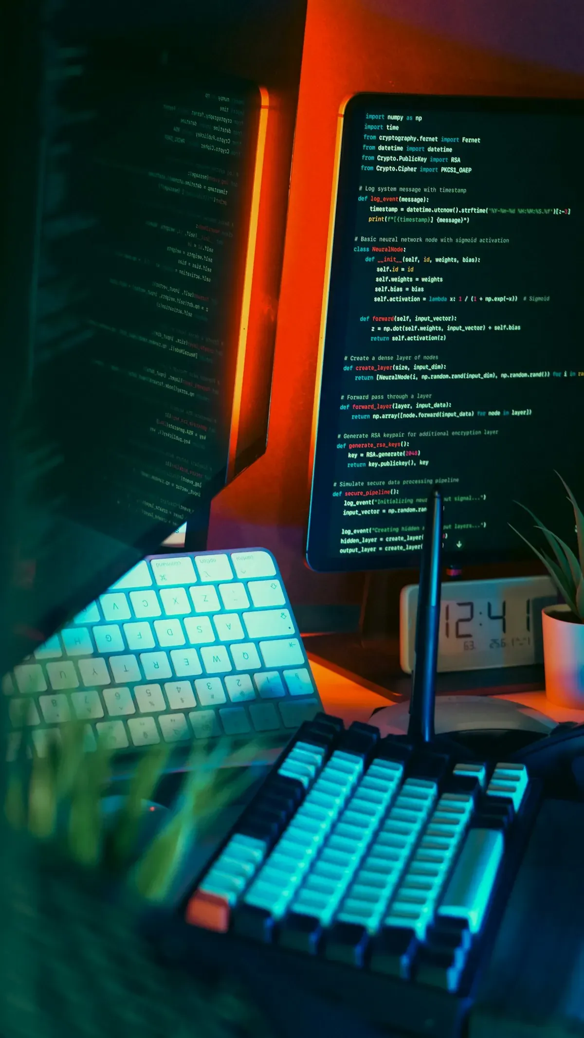 A coder's workspace with multiple monitors and illuminated keyboard