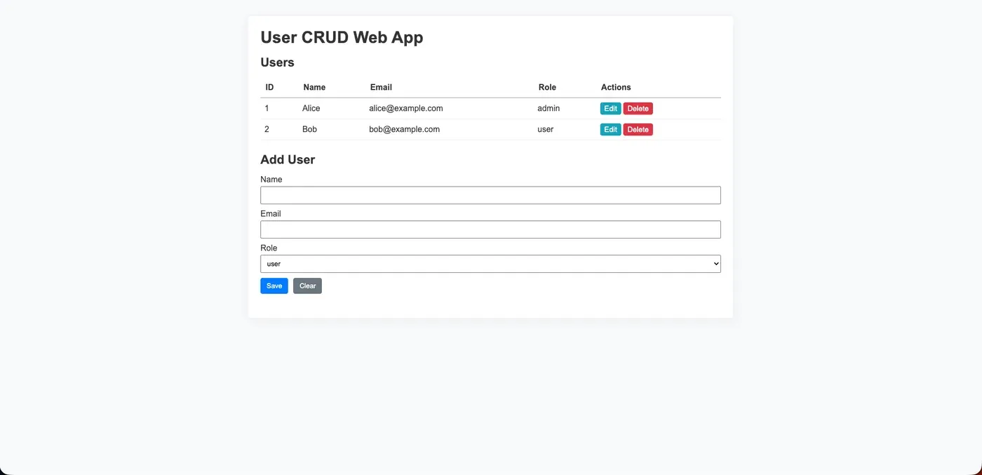 Copilot generated CRUD app — standard light layout with purple header row and yellow/red action buttons