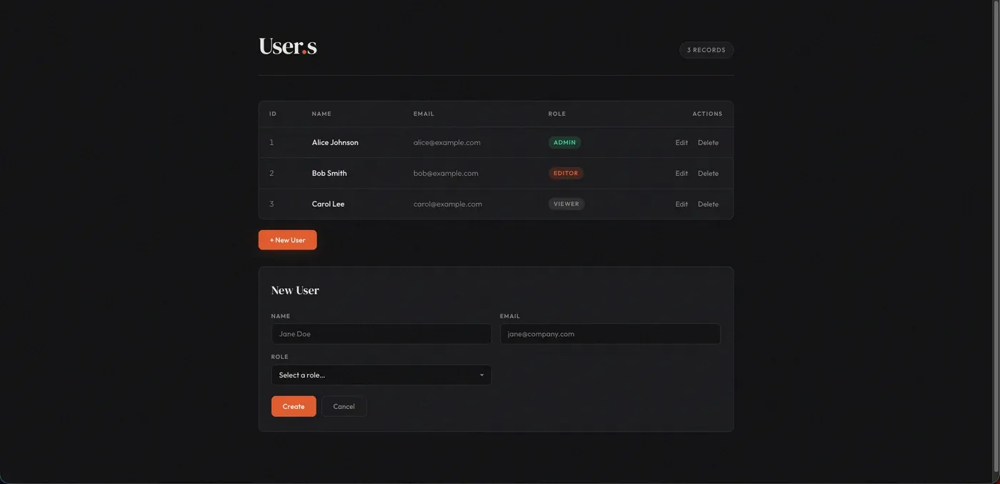 Cursor generated CRUD app — dark editorial UI with DM Serif Display font and toast notifications