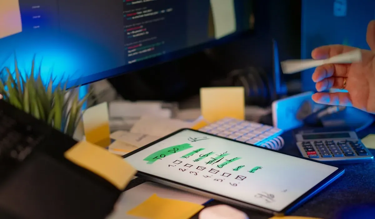 Developer working on multiple screens in a dark office